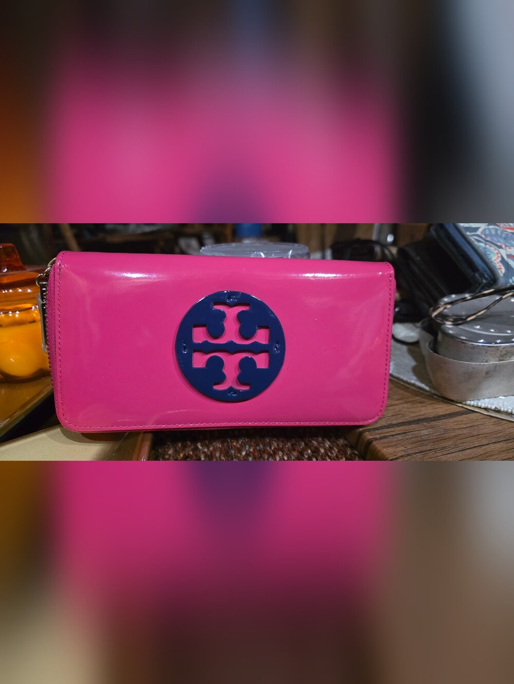 Tory Burch Saffiano Zip Continental Wallet Pink Navy Logo NWT